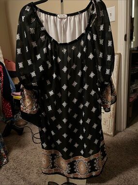 Rachel Kate Black Midi Dress with White Motif and Tan Border